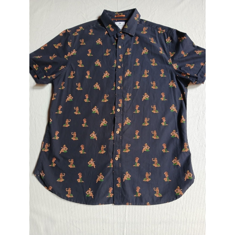 Denim & Flower Ricky Singh Mens Navy Hula Girl Pinup Print Slim Fit Shirt Large